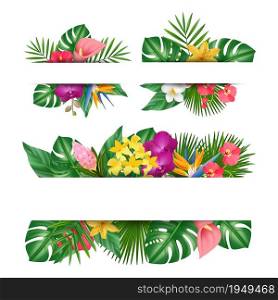 Exotic flowers banner. Tropical leaves, jungle plants and flower blank flyers vector set. Illustration blossom bloom, branch green and flowers. Exotic flowers banner. Tropical leaves, jungle plants and flower blank flyers vector set