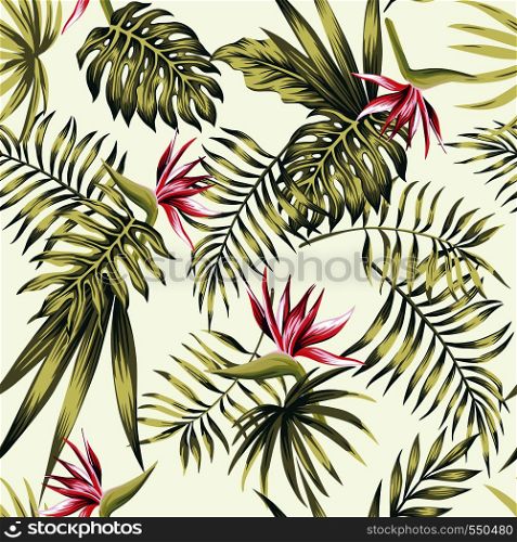Exotic flowers bird of paradise (strelizia) green tropical palm, monstera leaves on the beach white background pattern. Realistic vector seamless botanical composition