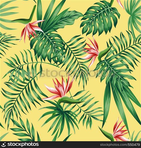 Exotic flowers bird of paradise (strelizia) tropical palm, monstera leaves on the beach sand background pattern. Realistic vector seamless botanical composition