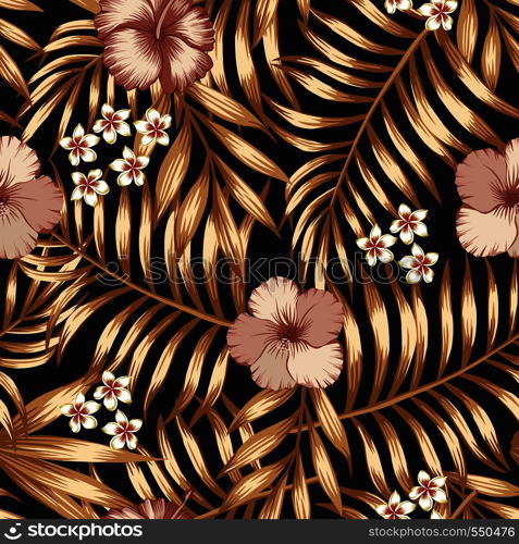 Exotic flowers hibiscus and frangipani (plumeria) golden palm leaves seamless vector pattern on the black background