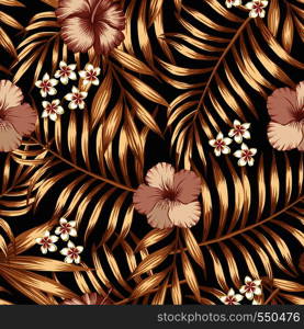 Exotic flowers hibiscus and frangipani (plumeria) golden palm leaves seamless vector pattern on the black background