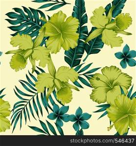 Exotic flowers hibiscus and plumeria banana leaves blue lime color tropical seamless pattern. Beach party background