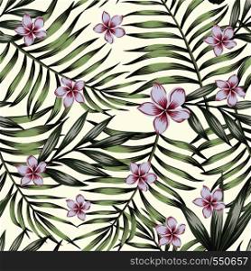 Exotic flowers plumeria (frangipani) with green plants seamless vector pattern on the white background