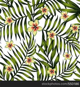 Exotic flowers plumeria palm leaves green seamless pattern white background
