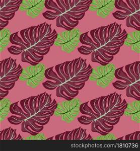 Exotic foliage seamless pattern with purple and green doodle monstera leaves elements. Pink background. Decorative backdrop for fabric design, textile print, wrapping, cover. Vector illustration.. Exotic foliage seamless pattern with purple and green doodle monstera leaves elements. Pink background.