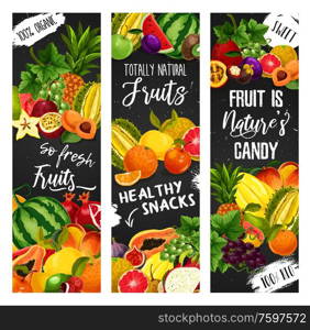Exotic fruit blackboard banners of tropical and garden berries vector design. Farm apple, orange and papaya, pineapple, grapes, peach and plum, watermelon, pomegranate and fig, durian, lychee and lime. Exotic fruit and garden berry blackboard banners