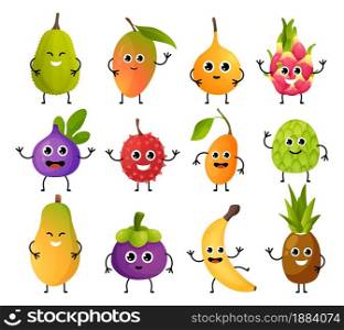Exotic fruit characters. Happy cute food mascots. Cartoon mango or banana with hands legs and funny emotion faces. Isolated pineapple and pitaya emoticons mockup. Vector children menu decorations set. Exotic fruit characters. Cute food mascots. Cartoon mango or banana with hands legs and funny emotion faces. Pineapple and pitaya emoticons mockup. Vector children menu decorations set