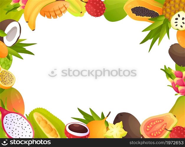 Exotic fruit frame. Cartoon tropical juicy food blank border. Sweet pineapple and mango. Ripe guava or fig. Organic coconut and mangosteen. Restaurant and bar menu framing. Vector summer background. Exotic fruit frame. Cartoon tropical food blank border. Sweet pineapple and mango. Ripe guava or fig. Coconut and mangosteen. Restaurant and bar menu framing. Vector summer background
