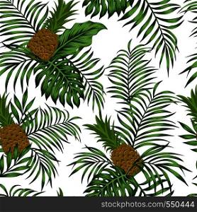 Exotic fruit pineapple green tropical leaves on the white background. Seamless flat vector pattern