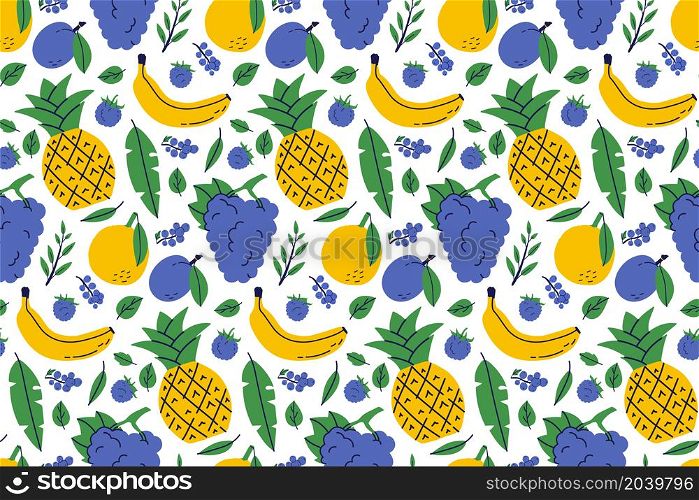 Exotic fruit seamless pattern. Pineapple, banana and orange. Color illustration in hand-drawn style. Vector repeat background. Exotic fruit seamless pattern. Pineapple, banana and orange. Color illustration in hand-drawn style. Vector repeat background.