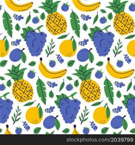 Exotic fruit seamless pattern. Pineapple, banana and orange. Color illustration in hand-drawn style. Vector repeat background