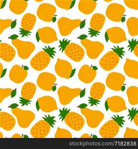 Exotic fruit seamless pattern. Sweet pineapple, pear and apple. Yellow lemon. Fashion design. Food print for dress, textile, curtain or linens. Hand drawn vector sketch background. Vegan menu