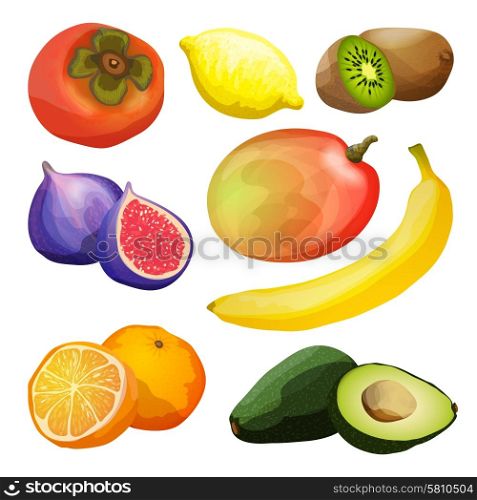 Exotic fruits decorative icons set with avocado kiwi lemon mango banana isolated vector illustration. Exotic Fruits Set