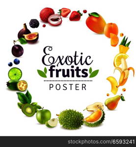 Exotic fruits including durian, lychee, fig, mango, pineapple, round rainbow frame on white background vector illustration . Exotic Fruits Round Rainbow Frame