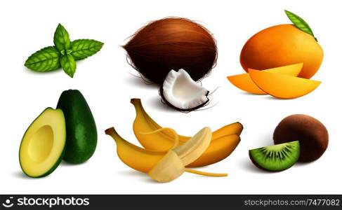 Exotic fruits mint realistic set with isolated images of solid ripe fruits and slices with shadows vector illustration