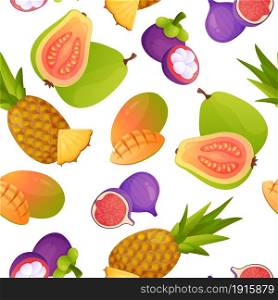 Exotic fruits pattern. Seamless print with fresh sweet pineapple and mango. Juicy guava and fig. Whole or pieces of mangosteen. Summer jungle food background. Vector tropical cartoon texture mockup. Exotic fruits pattern. Seamless print with sweet pineapple and mango. Juicy guava and fig. Whole or pieces of mangosteen. Summer jungle food background. Vector tropical cartoon texture