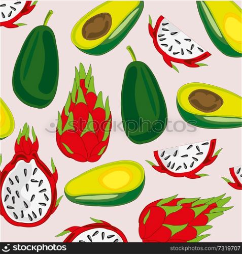 Exotic fruits pitaya and avocado decorative pattern on white background. Vector illustration of the decorative pattern from pitaya and avocado