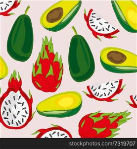 Exotic fruits pitaya and avocado decorative pattern on white background. Vector illustration of the decorative pattern from pitaya and avocado