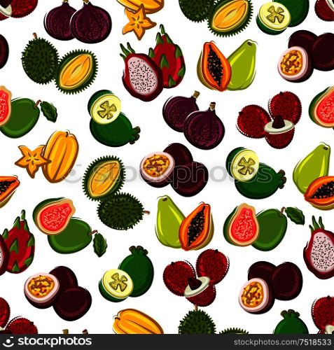 Exotic fruits seamless background. Wallpaper with pattern of tropical fruit icons papaya, durian, carambola, lychee, mangosteen, dragon fruit, guava, passion fruit, fig. Exotic fruits seamless pattern background