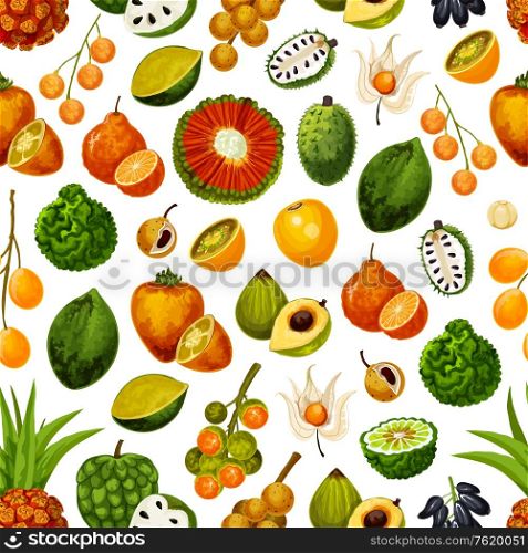 Exotic fruits seamless pattern background. Vector tropical harvest of durian, persimmon or akebia and star apple with champakka or bergamot and tropic naranjilla citrus fruits pattern. Exotic fruits, tropical seamless pattern