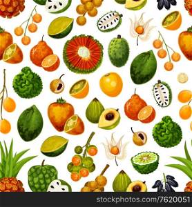 Exotic fruits seamless pattern background. Vector tropical harvest of durian, persimmon or akebia and star apple with champakka or bergamot and tropic naranjilla citrus fruits pattern. Exotic fruits, tropical seamless pattern