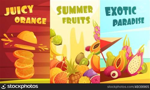 Exotic Fruits Vertical Banners Cartoon Poster . Exotic juicy tropical fruits vertical banners composition poster for summer vacation travelers cartoon style isolated vector illustration