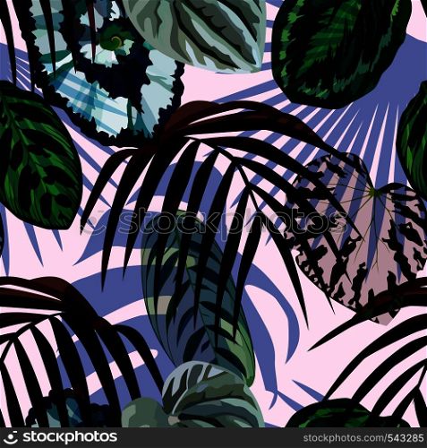 Exotic hand drawn tropic monstera leaves, palm and begonias in the fashion light pink background. Print summer floral plant. Nature trendy wallpaper. Seamless vector pattern