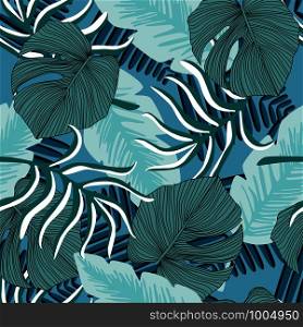 Exotic hawaiian plant seamless pattern. Leaf wallpaper. Tropical pattern, palm leaves seamless botanical background. Trendy design for fabric, textile print, wrapping paper. Vector illustration. Exotic hawaiian plant seamless pattern. Leaf wallpaper. Tropical pattern, palm leaves
