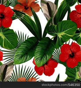 Exotic hibiscus flowers and tropical leaves white background. Vector beach pattern wallpaper