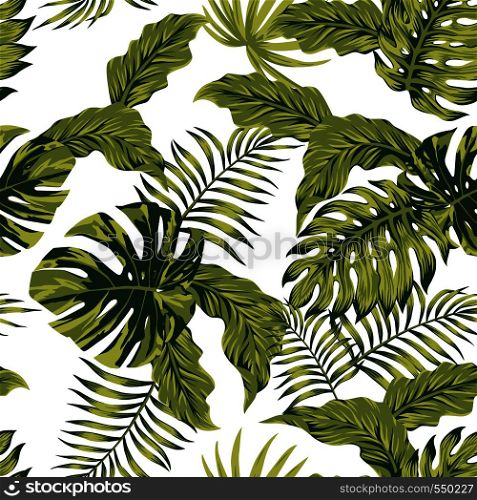 Exotic jungle tropical leaves autumn color seamless pattern white background
