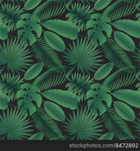 Exotic leaves pattern. Seamless print with tropical jungle greenery and palm tree leaves. Vector texture exotic green plants illustrations rainforest. Exotic leaves pattern. Seamless print with tropical jungle greenery and palm tree leaves. Vector texture
