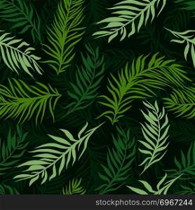 Exotic leaves, rainforest plants background. Seamless hand drawn tropical pattern in natural green colors. Vector background can be used for clothing, textile, fashion, interior, stationery, web.. Exotic leaves, rainforest. Seamless hand drawn tropical pattern. Vector background with leaf.