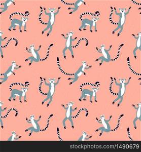 Exotic lemurs with long striped tails. Vector seamless pattern design. Cute animals isolated on the pink textured background. Exotic lemurs with long striped tails. Vector seamless pattern design. Cute animals isolated