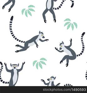 Exotic Madagascan lemurs with long striped tails. Hand drawn vector seamless pattern. Cute animals isolated on the white textured background. Exotic Madagascan lemurs with long striped tails. Hand drawn vector seamless pattern