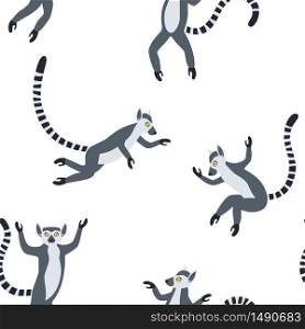 Exotic Madagascan lemurs with long striped tails. Hand drawn vector seamless pattern. Cute animals isolated on the white textured background. Exotic Madagascan lemurs with long striped tails. Hand drawn vector seamless pattern