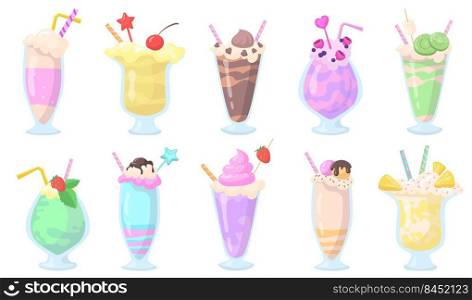 Exotic milkshakes in glasses with straws flat item set. Different cartoon sweet delicious drinks with fruits, berries, syrup isolated vector illustration collection. Beverages and dessert concept