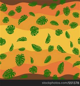 Exotic monstera green leaves seamles pattern on the desert color background