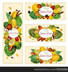 Exotic natural tropical fruits banners. Vector organic farm market jackfruit, jabuticaba or morinda, tamarind and akcee apple, tropical salak or pomelo citrus and pepino with quince pear and maruba. Exotic tropic fruits, farm market banners