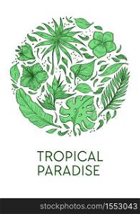 Exotic palm leaves and hibiscus flower tropical paradise poster template vector plants or greenery calla and plumeria buds foliage wild vegetation botany and rainforests or jungle flora blossom. Tropical paradise poster template exotic palm leaves and hibiscus flower