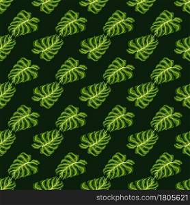 Exotic palm style seamless pattern with doodle little green monstera shapes. Dark background. Decorative backdrop for fabric design, textile print, wrapping, cover. Vector illustration.. Exotic palm style seamless pattern with doodle little green monstera shapes. Dark background.