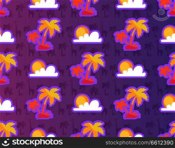 Exotic palm trees with african plants and animals, sun and clouds seamless pattern isolated on purple background. Vector illustration of africa wallpaper. Exotic Palm Trees with African Plants and Animals