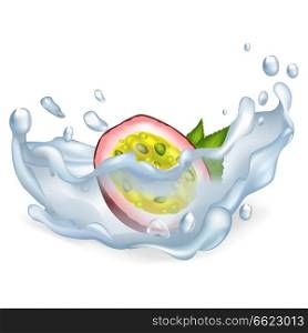 Exotic passion fruit in drops of clean water with big splashes isolated realistic vector illustration on white background. Pure aqua with tropical plant. Exotic Passion Fruit in Clean Water Drops Vector