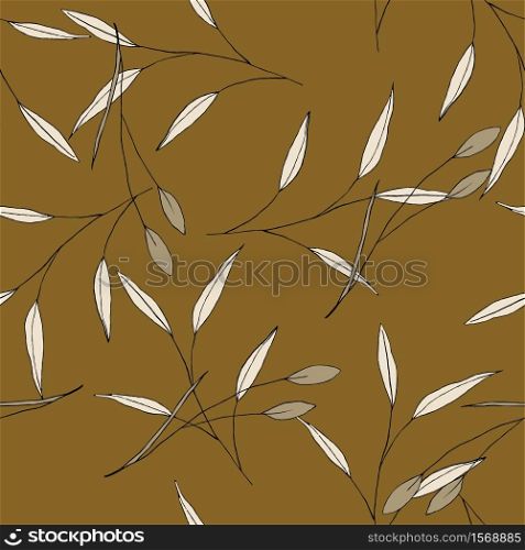Exotic pattern with tropical leaves in jungle hawaii style. Hand drawing summer decoration of khaki green painting palm foliage or plants and vintage garden flowers. Trendy seamless vector design.