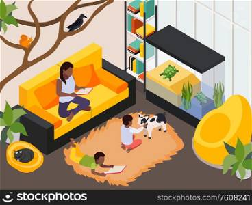 Exotic pet animals home isometric view with turtles in terrarium kids playing with potbellied pig vector illustration