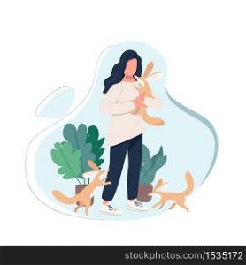 Exotic pet owner flat color vector faceless character. Domesticated animal with female. Woman with fennec foxes. Veterinarian isolated cartoon illustration for web graphic design and animation. Exotic pet owner flat color vector faceless character
