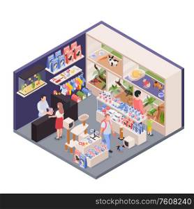 Exotic pet shop assistant behind counter isometric interior view with animals enclosures food accessories customers vector illustration