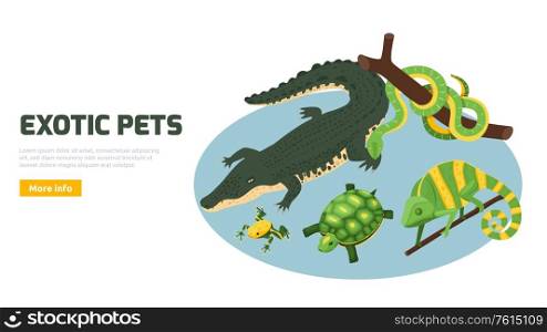 Exotic pets animals amphibian reptile online shop banner with alligator turtle chameleon isometric circular composition vector illustration
