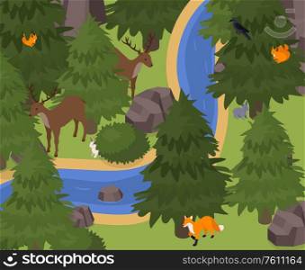 Exotic pets in wild animals natural environment isometric composition with reindeer squirrel fox rabbit hare vector illustration