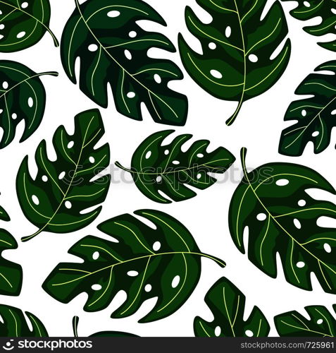 Exotic plant. Tropical monstera leaves seamless repeat pattern. Summer design for fabric, textile print, wrapping paper, children textile. Vector illustration. Tropical monstera leaves seamless repeat pattern . Exotic plant.