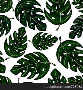 Exotic plant. Tropical monstera leaves seamless repeat pattern. Summer design for fabric, textile print, wrapping paper, children textile. Vector illustration. Tropical monstera leaves seamless repeat pattern . Exotic plant.